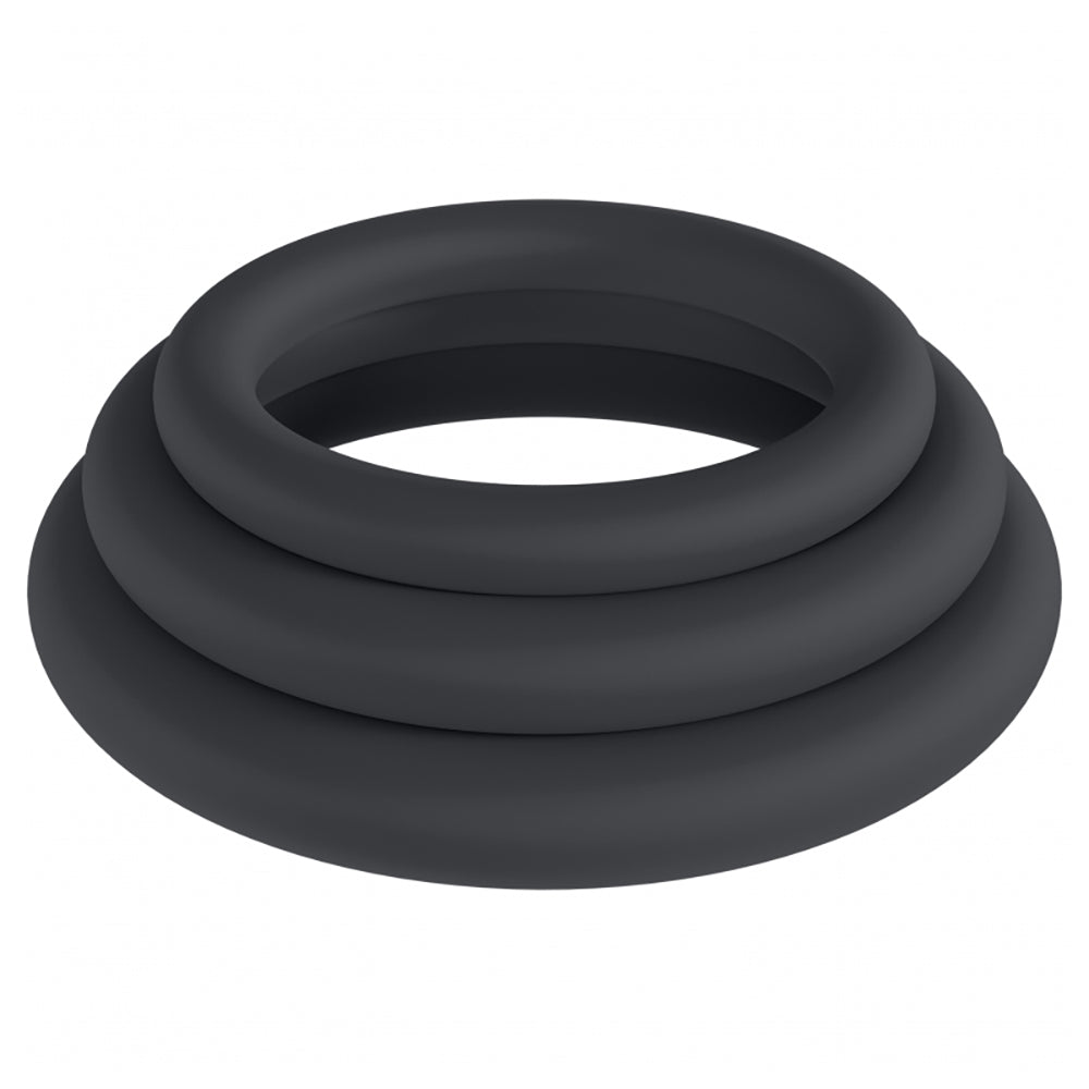 Levelz Classic Silicone Cock Ring Set Black, featuring three varying sizes in a sleek black design.