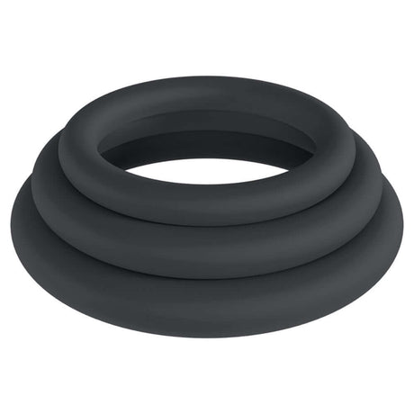 Levelz Classic Silicone Cock Ring Set Black, featuring three varying sizes in a sleek black design.