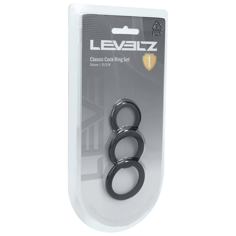 Levelz Classic Silicone Cock Ring Set Black packaging featuring three silicone cock rings in varying sizes.