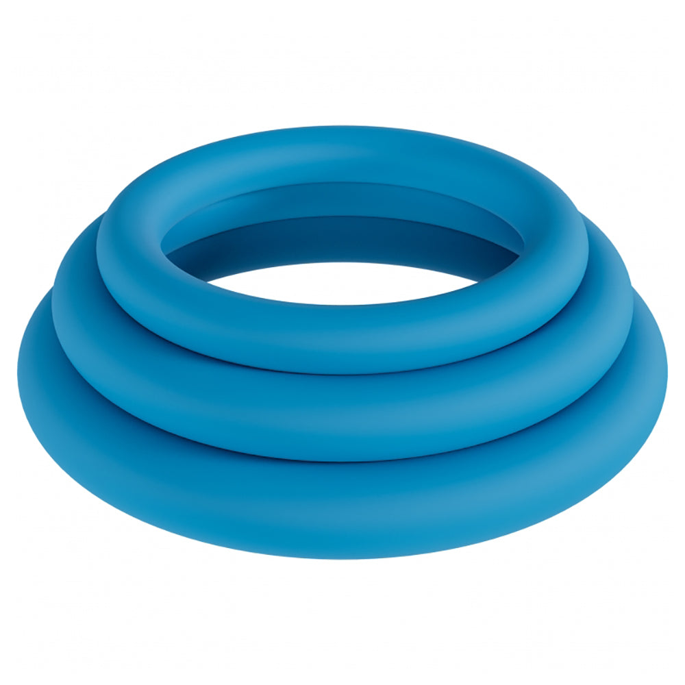 Levelz Classic Silicone Cock Ring Set Teal featuring three body-safe silicone rings in various sizes.