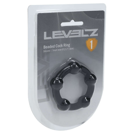 Levelz Beaded Silicone Cock Ring S 30mm Black in packaging, showcasing silicone design and beaded texture.