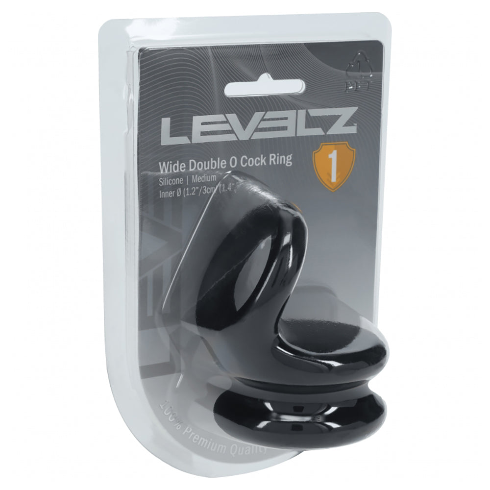 Levelz Wide Double O Silicone Cock Ring M Black packaged for advanced pleasure and control in a sleek design.