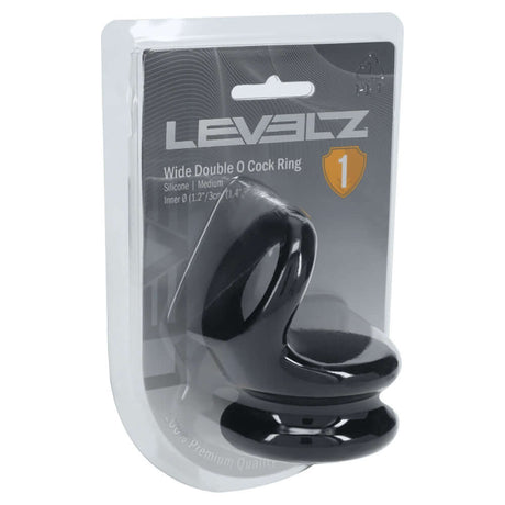 Levelz Wide Double O Silicone Cock Ring M Black packaged for advanced pleasure and control in a sleek design.
