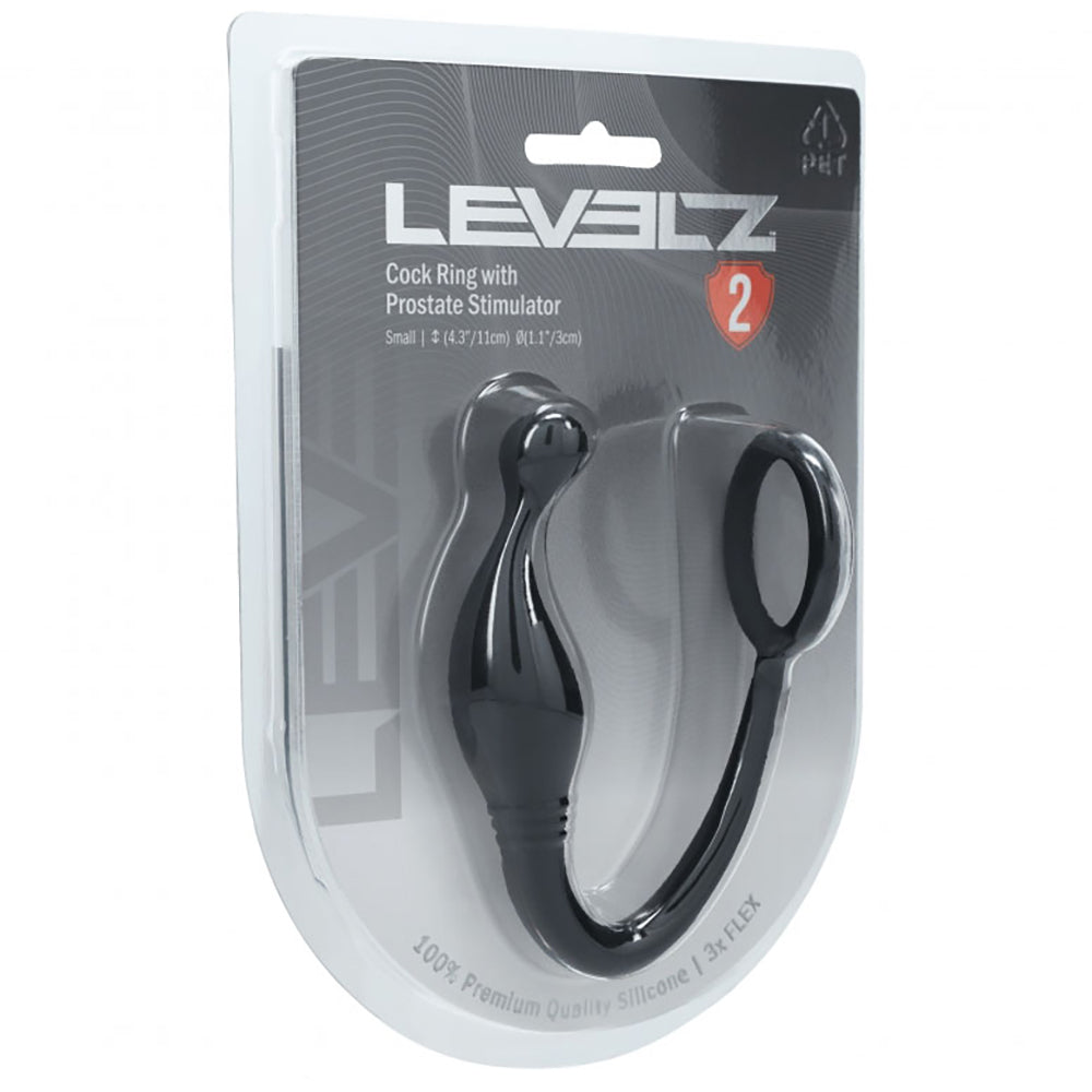 Levelz Silicone Cock Ring With Prostate Stimulator S Black packaging, showcasing premium silicone design and ergonomic features.