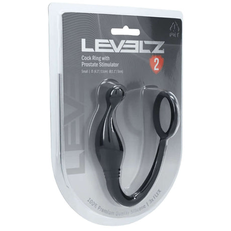 Levelz Silicone Cock Ring With Prostate Stimulator S Black packaging, showcasing premium silicone design and ergonomic features.