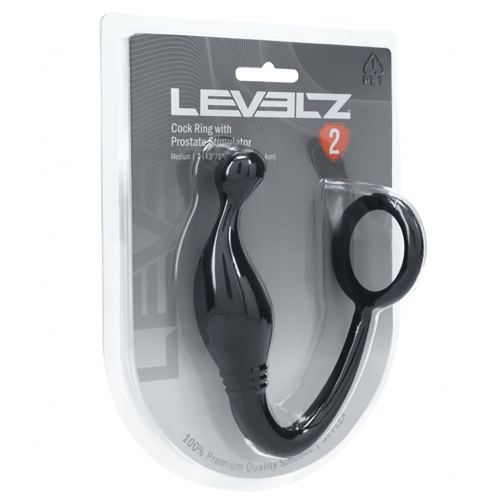 Levelz Silicone Cock Ring With Prostate Stimulator M Black packaging with hybrid design for enhanced pleasure.