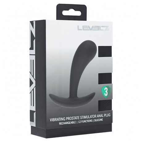 Levelz Vibrating Prostate Stimulator Anal Plug Small Black packaging showcasing silicone design and features.