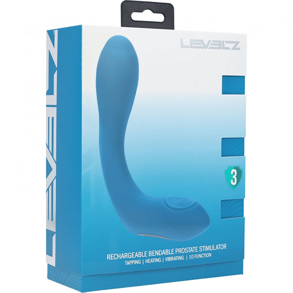 Levelz Vibrating Tapping Silicone Prostate Stimulator Teal packaging displaying a rechargeable design for enhanced pleasure.