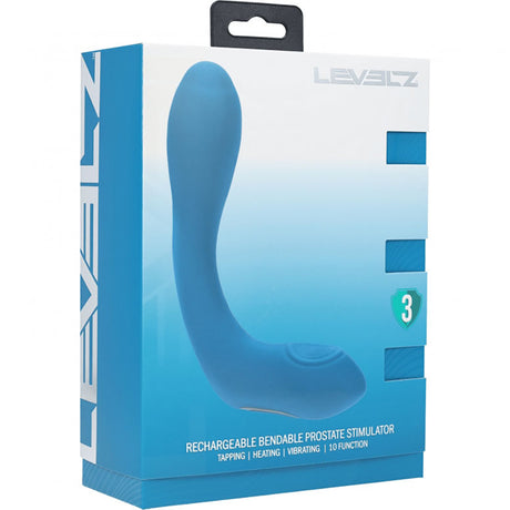 Levelz Vibrating Tapping Silicone Prostate Stimulator Teal packaging displaying a rechargeable design for enhanced pleasure.