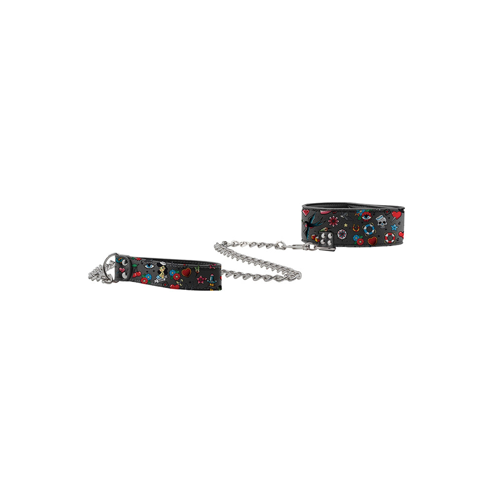 Ouch Printed Collar With Leash Old School Tattoo Style Black, featuring bold tattoo print and sturdy design.
