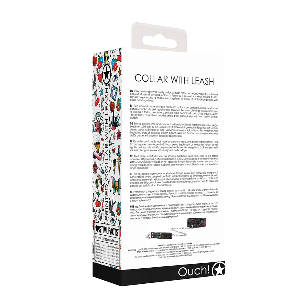 Ouch Printed Collar With Leash Old School Tattoo Style Black packaging showcasing design and features.