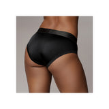 Ouch Vibrating Strap-on High-cut Brief Black M L showcased on a model's backside, highlighting its sleek design.