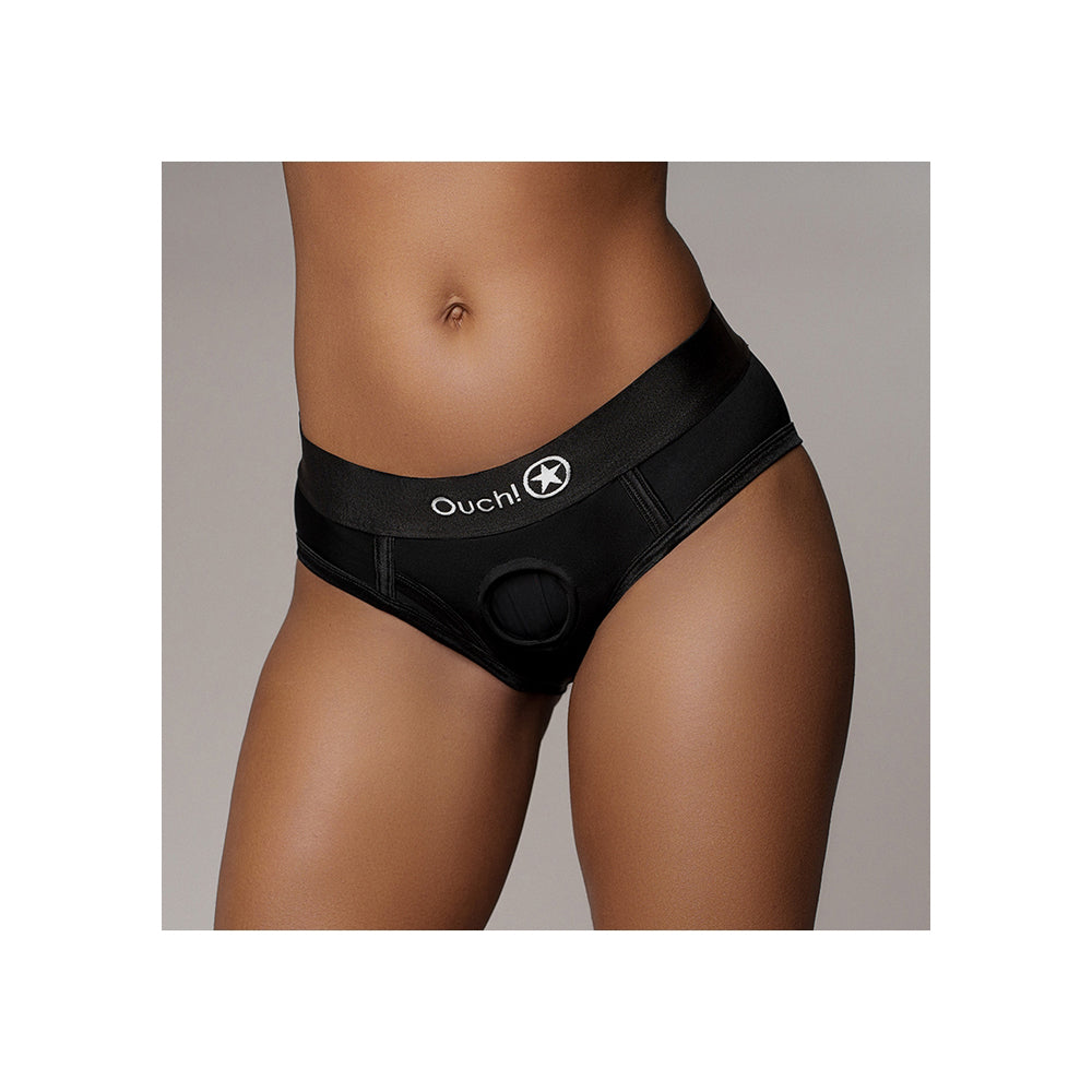 Ouch Vibrating Strap-on High-cut Brief Black M L worn by model showing side view detailing.