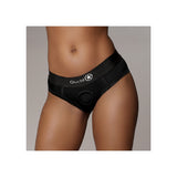 Ouch Vibrating Strap-on High-cut Brief Black M L worn by model showing side view detailing.