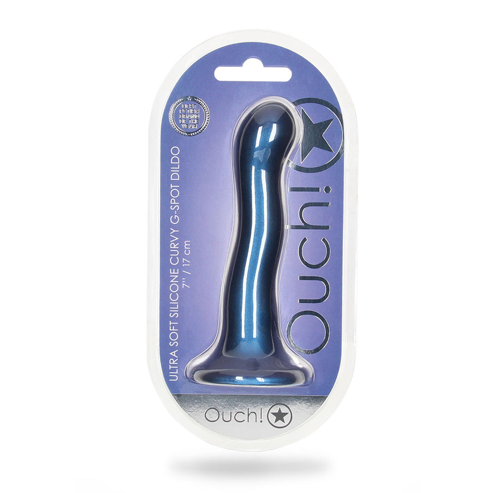 Ultra Soft Silicone Curvy G-spot Dildo 7 inch Metallic Blue packaging by Ouch!