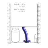 Smooth Silicone G-spot Dildo 5 inch Metallic Blue shown with size comparison to a can and a bottle.