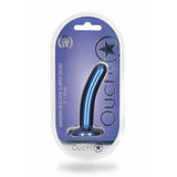 Smooth Silicone G-spot Dildo 5 inch Metallic Blue packaging showcasing its sleek design and suction cup feature.
