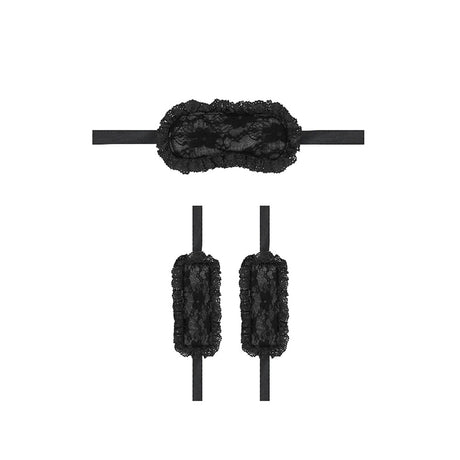 Ouch Introductory Bondage Kit No 7 Black includes lace blindfold and cuffs for sensual play.