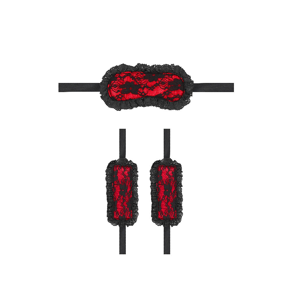 Ouch Introductory Bondage Kit No 7 Red with lace mask and matching cuffs in black and red.