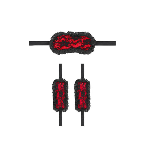 Ouch Introductory Bondage Kit No 7 Red with lace mask and matching cuffs in black and red.