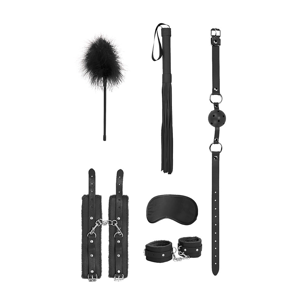 Ouch Beginners Bondage Kit Black with feather tickler, whip, ball gag, cuffs, and blindfold.