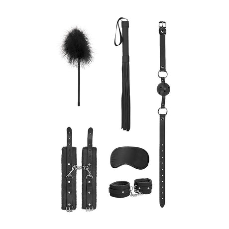 Ouch Beginners Bondage Kit Black with feather tickler, whip, ball gag, cuffs, and blindfold.