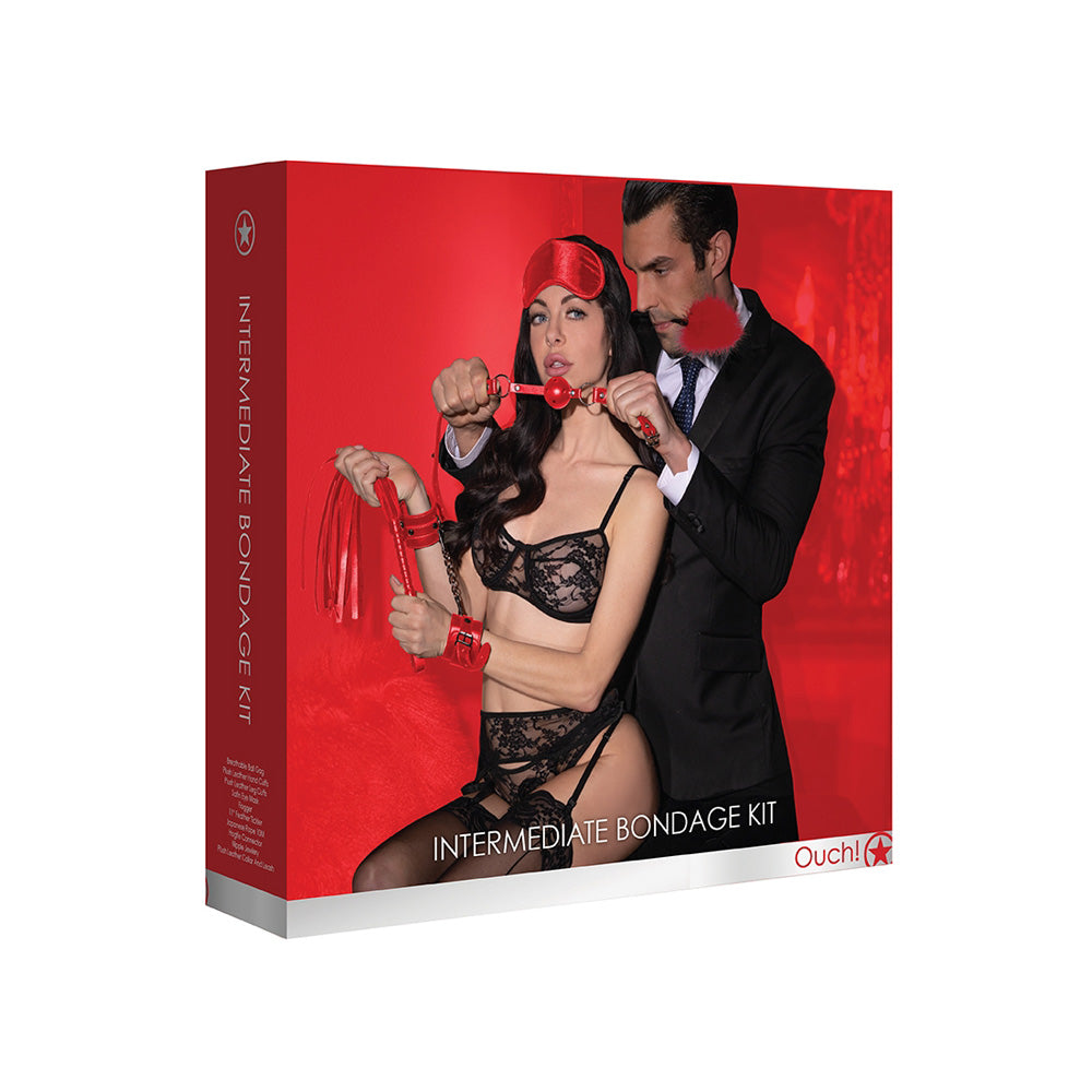 Ouch Intermediate Bondage Kit Red packaging featuring a couple in a bondage play scenario, highlighting the seductive elements.