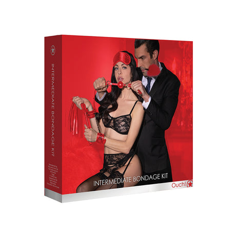 Ouch Intermediate Bondage Kit Red packaging featuring a couple in a bondage play scenario, highlighting the seductive elements.
