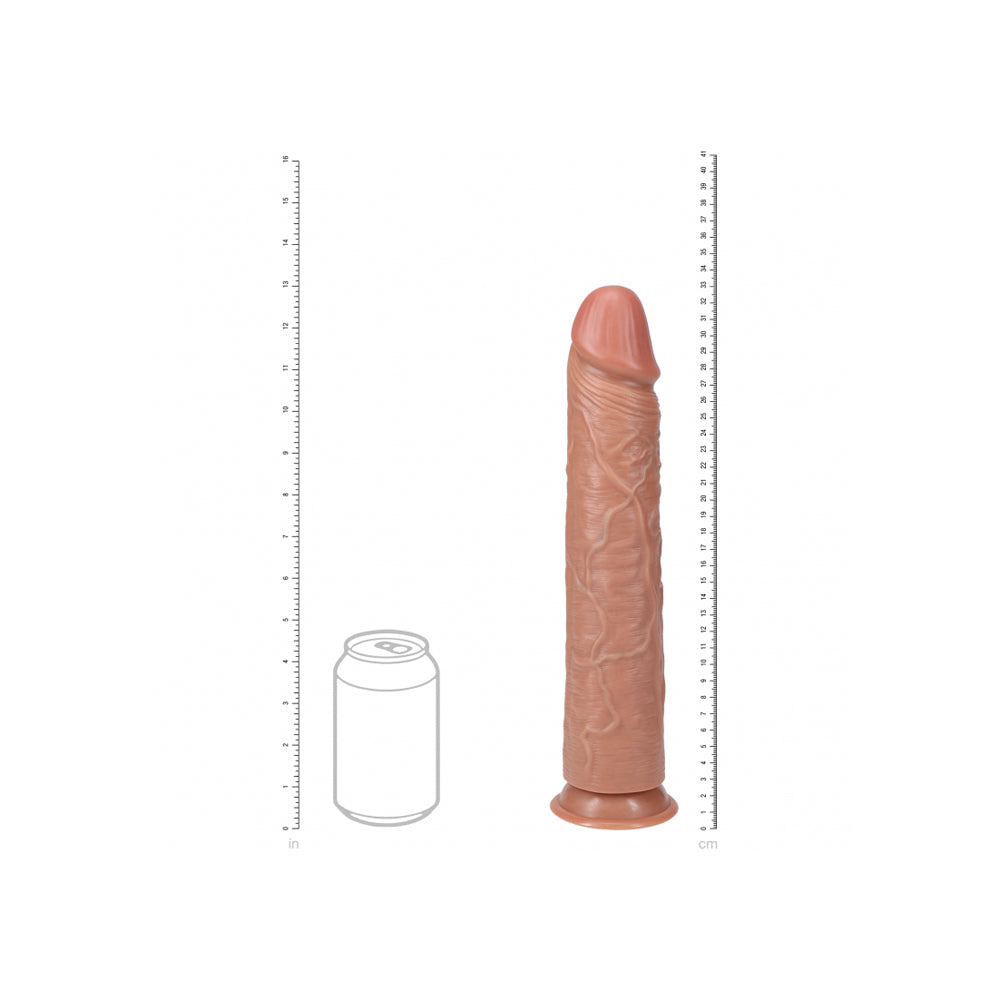 Realrock 13 Inch Realistic Dildo No Balls Tan next to a can for size reference, showcasing its lifelike appearance and texture.