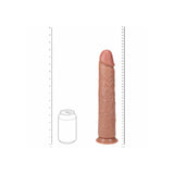 Realrock 13 Inch Realistic Dildo No Balls Tan next to a can for size reference, showcasing its lifelike appearance and texture.