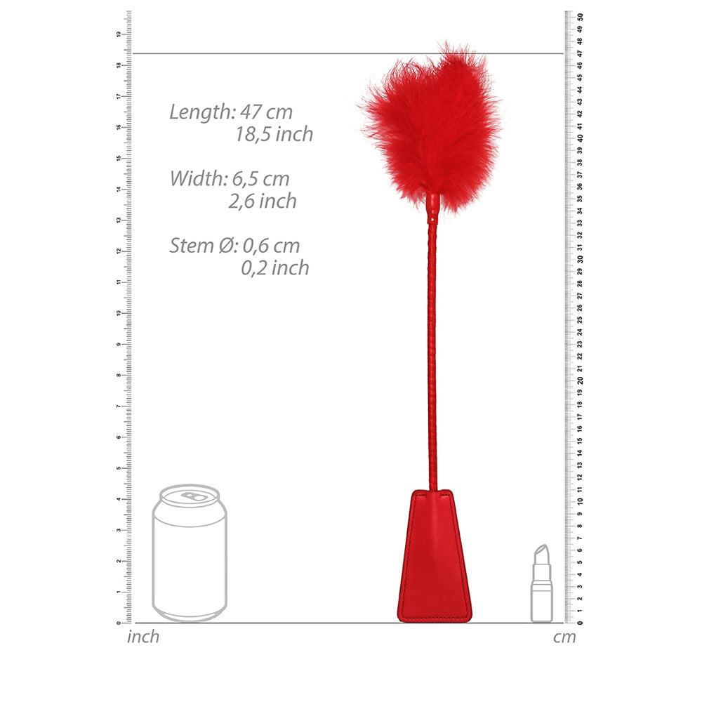 Ouch Crop With Feather Red Bondage Riding Crop dimensions and specifications, showcasing its playful design.