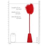 Ouch Crop With Feather Red Bondage Riding Crop dimensions and specifications, showcasing its playful design.