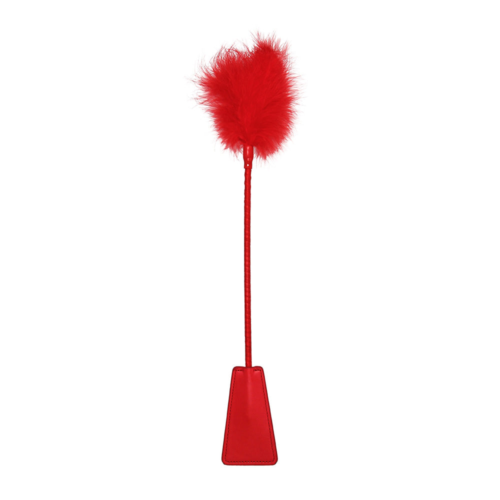 Ouch Crop With Feather Red Bondage Riding Crop, a red accessory with soft feather tip for playful teasing and impact.