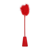 Ouch Crop With Feather Red Bondage Riding Crop, a red accessory with soft feather tip for playful teasing and impact.
