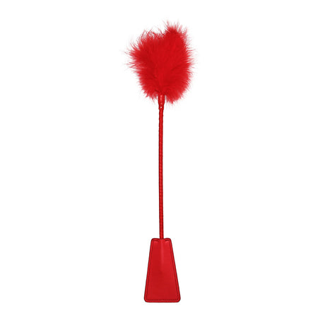 Ouch Crop With Feather Red Bondage Riding Crop, a red accessory with soft feather tip for playful teasing and impact.