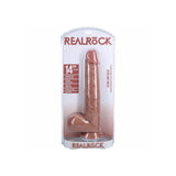 RealRock 14 Inch Extra Long Realistic Dildo With Balls Tan in packaging, showcasing its lifelike design and suction base.