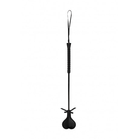 Ouch Crop Black Heart With Black Lace Large elegant riding crop with heart-shaped tip and black lace detailing.