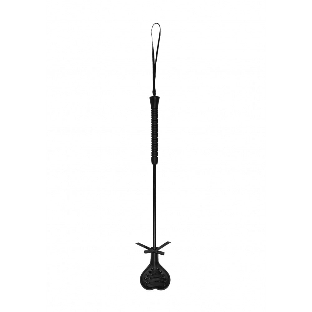Ouch Crop Black Heart With Black Lace Large, elegant riding crop with heart tip and black lace detailing.
