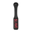 Ouch Slave Reversed Leather Paddle Black featuring the stitched word SLAVE in red on a black leather paddle.