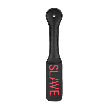 Ouch Slave Reversed Leather Paddle Black featuring the stitched word SLAVE in red on a black leather paddle.