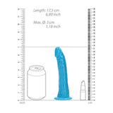 Realrock Glow In The Dark Slim Dildo 6 inches Neon Blue next to a can for size comparison.
