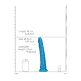 Realrock Glow In The Dark Slim Dildo 11.4 inch Neon Blue dimensions and features infographic.
