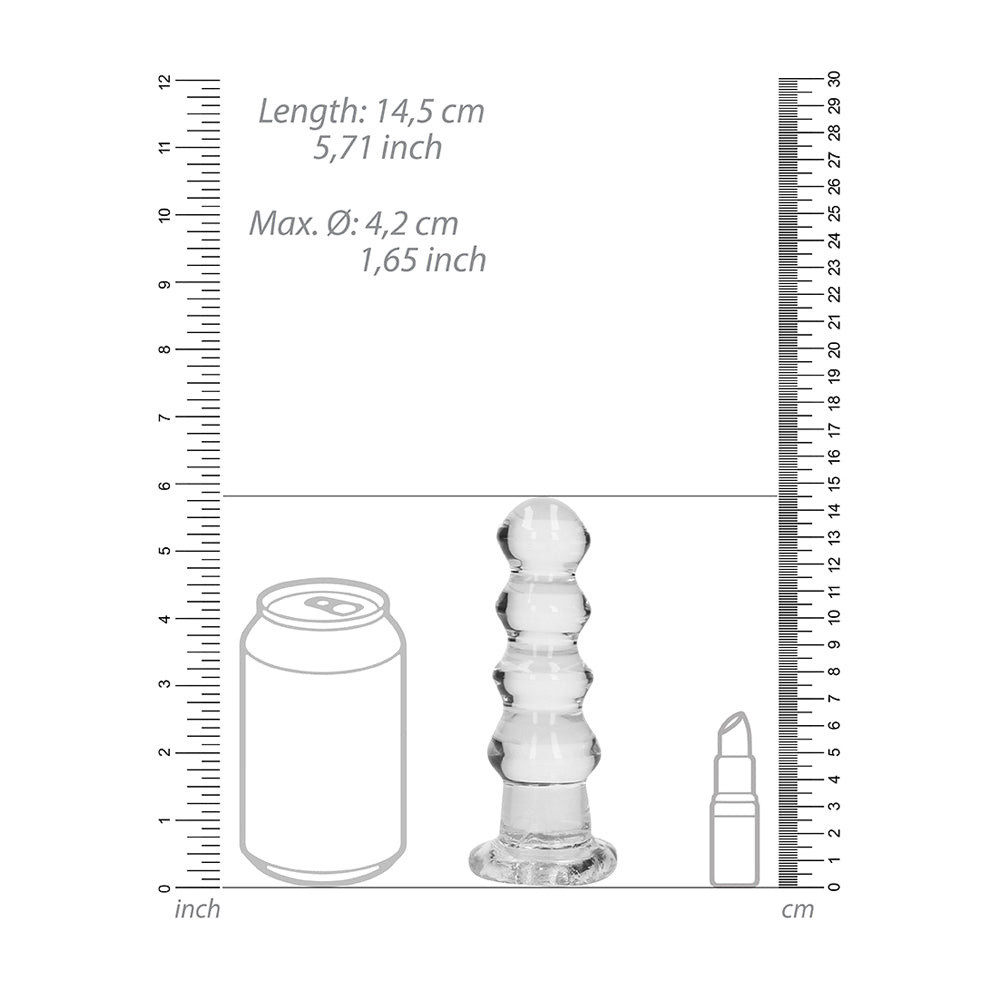 Realrock Crystal Clear Curvy Dildo Or Butt Plug 5.7 inch with measurement scale and comparison items