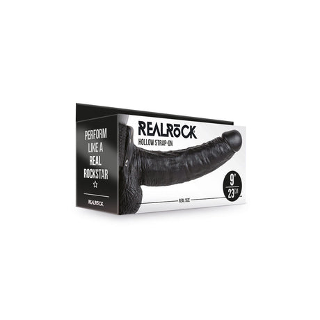 Realrock Hollow Strap-on With Balls 9 inch Black packaging with realistic design and promotional text.