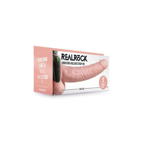 Realrock Vibrating Hollow Strap-on With Balls 9 inch Flesh packaging showing the product design and dimensions.