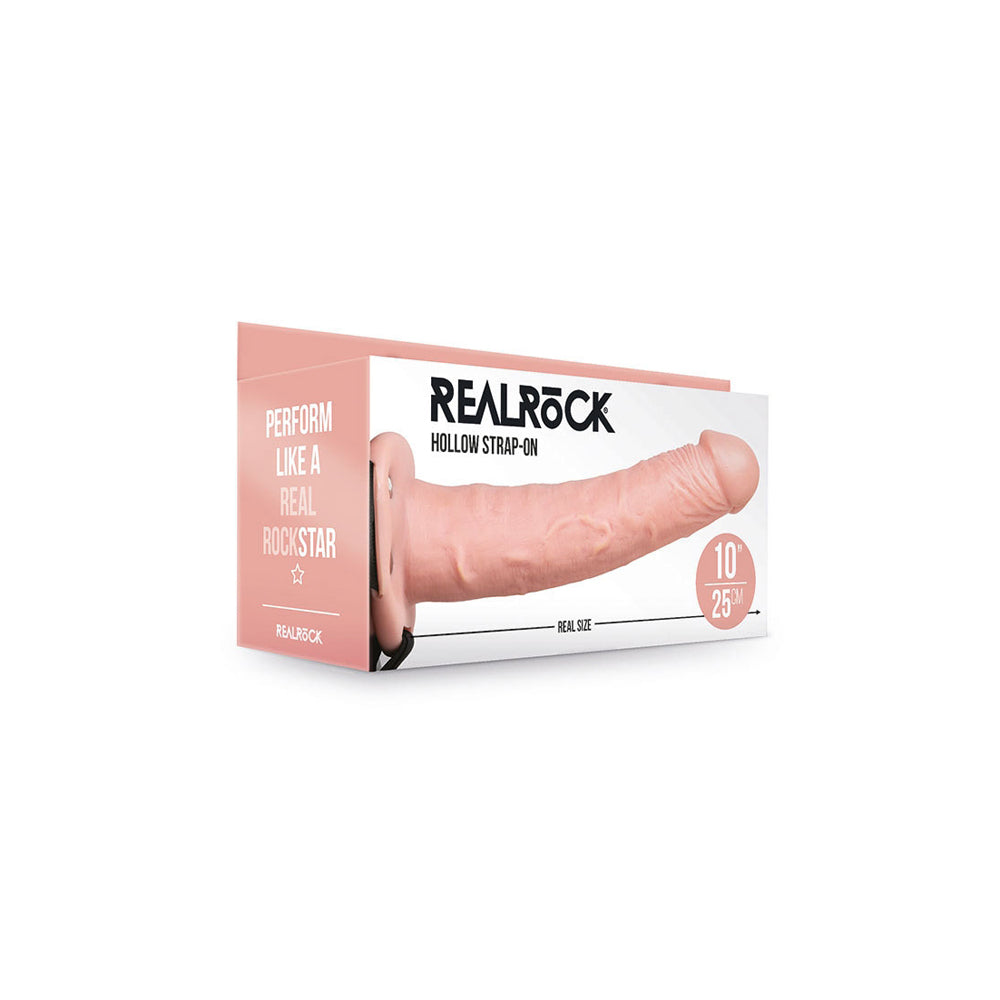 Realrock Hollow Strap-on Without Balls 10 inch Flesh packaging featuring a lifelike appearance.