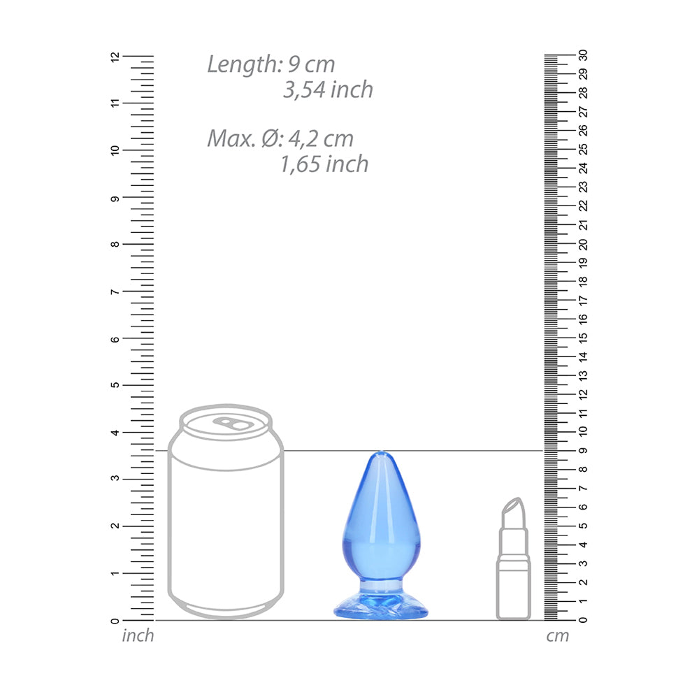 Dimensions of Realrock Crystal Clear Anal Plug 3.5 inch Blue, showing length and maximum diameter next to a can for scale.
