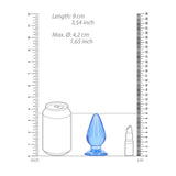 Dimensions of Realrock Crystal Clear Anal Plug 3.5 inch Blue, showing length and maximum diameter next to a can for scale.