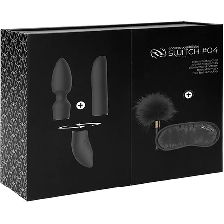 Shots Toys Pleasure Kit #4 Clitoral Vibrator Set Black packaging with two attachments and accessories.
