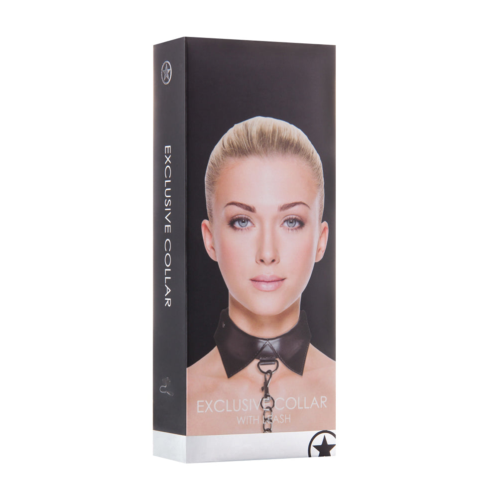 Ouch Exclusive Collar & Leash Black packaging featuring a model wearing a stylish black collar.